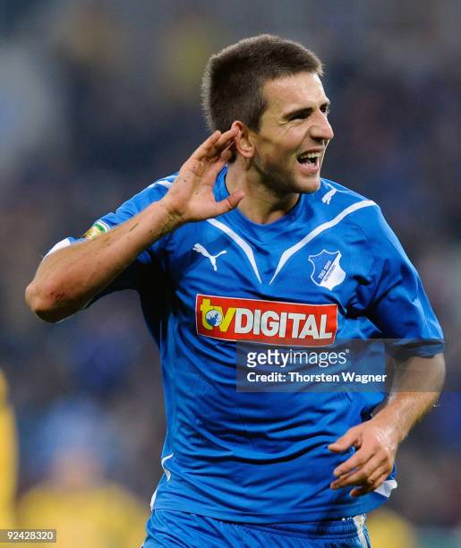 Vedad Ibisevic of Hoffenheim celebrates after scoring his team's second during the DFB Cup round of 16 match between TSG 1899 Hoffenheim and TuS...