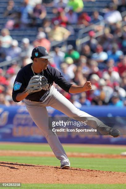 Justus Sheffield of the Yankees delivers a pitch to the plate during the spring training game between the New York Yankees and the Philadelphia...