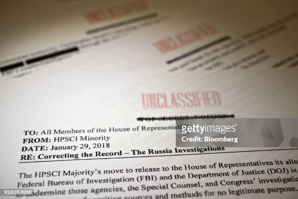 Democratic memo, written under the direction of ranking member of the House Intelligence Committee Adam Schiff, is arranged for a photograph in...