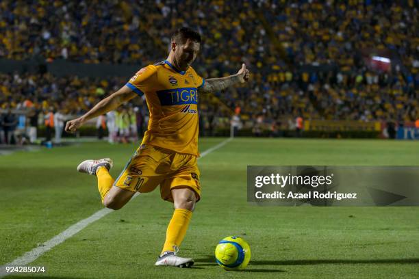 Andre-Pierre Gignac of Tigres kicks the ball during the 9th round match between Tigres UANL and Morelia as part of the Torneo Clausura 2018 Liga MX...