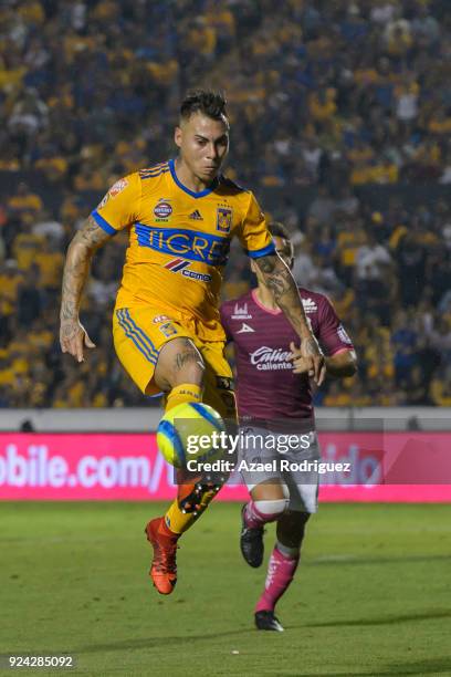 Eduardo Vargas of Tigres controls the ball during the 9th round match between Tigres UANL and Morelia as part of the Torneo Clausura 2018 Liga MX at...