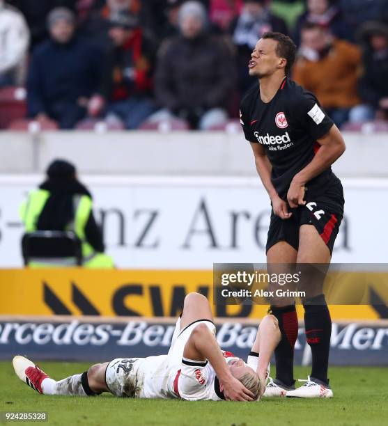 Timothy Chandler of Frankfurt and Andreas Beck of Stuttgart react during the Bundesliga match between VfB Stuttgart and Eintracht Frankfurt at...