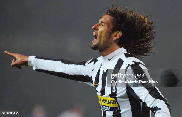 Carvalho De Oliveira Amauri of Juventus FC celebrates his second goal during the Serie A match between Juventus FC and UC Sampdoria at Olimpico...