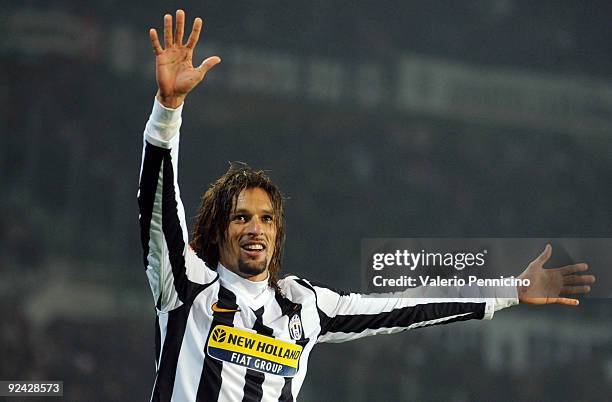 Carvalho De Oliveira Amauri of Juventus FC celebrates his second goal during the Serie A match between Juventus FC and UC Sampdoria at Olimpico...