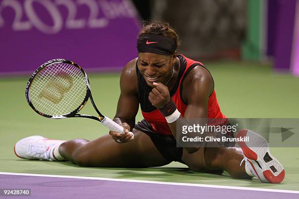 Serena Williams of the USA shows her frustration against Venus Williams of the USA in their round robin match during the Sony Ericsson Championships...
