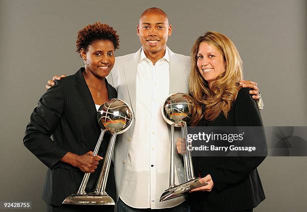 Head Coach Corey Gaines , Assistant Coaches Bridget Pettis and Julie Hairgrove of the Phoenix Mercury pose with the WNBA Championship Trophy during...