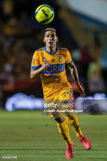 Ismael Sosa of Tigres runs for the ball during the 9th round match between Tigres UANL and Morelia as part of the Torneo Clausura 2018 Liga MX at...