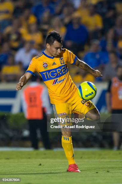 Lucas Zelarayan of Tigres controls the ball during the 9th round match between Tigres UANL and Morelia as part of the Torneo Clausura 2018 Liga MX at...