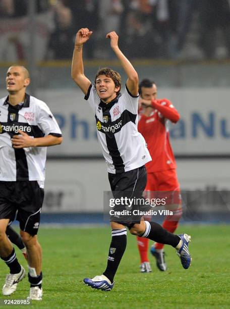 Alberto Paloschi of Parma FC celebrates after the second goal during the Serie A match between Parma FC and AS Bari at Stadio Ennio Tardini on...