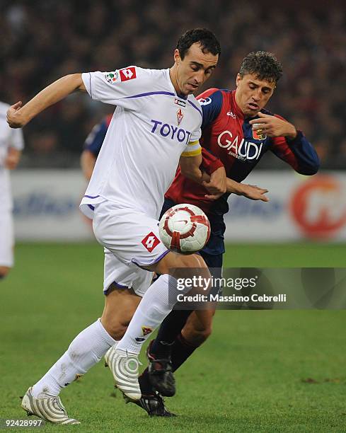 Hernan Crespo of Genoa CFC battles for the ball against Dario Dainelli of ACF Fiorentina during the Serie A match between Genoa CFC and ACF...