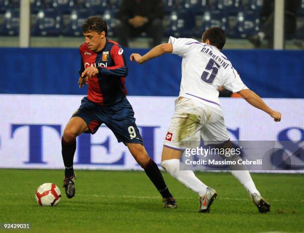 Hernan Crespo of Genoa CFC battles for the ball against Alessandro Gamberini of ACF Fiorentina during the Serie A match between Genoa CFC and ACF...