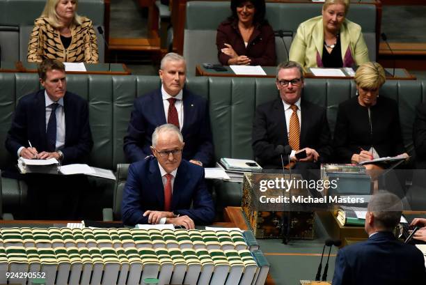 The Prime Minister, Malcolm Turnbull listens to a question from Bill Shorten during Question Time at Parliament House on February 26, 2018 in...