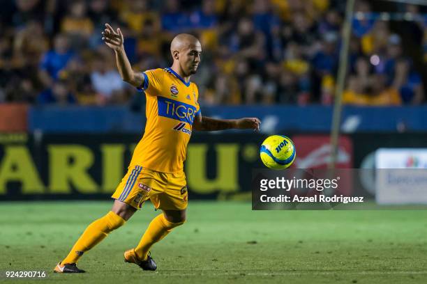 Luis Rodriguez of Tigres controls the ball during the 9th round match between Tigres UANL and Morelia as part of the Torneo Clausura 2018 Liga MX at...