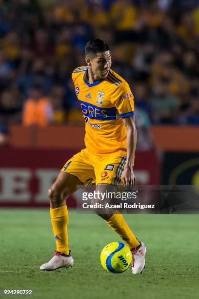 Hugo Ayala of Tigres controls the ball during the 9th round match between Tigres UANL and Morelia as part of the Torneo Clausura 2018 Liga MX at...