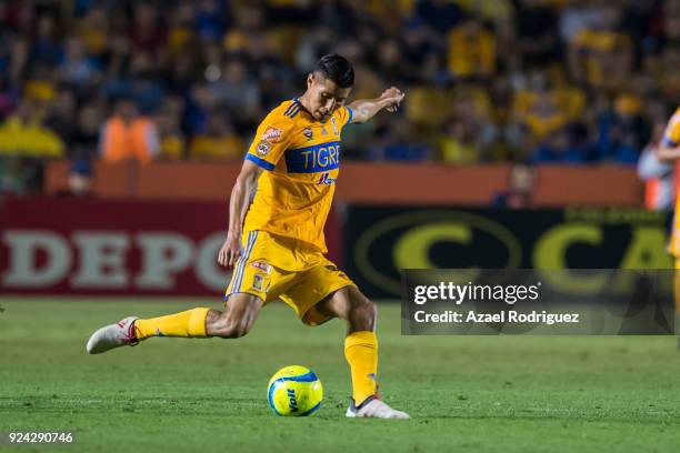 Hugo Ayala of Tigres kicks the ball during the 9th round match between Tigres UANL and Morelia as part of the Torneo Clausura 2018 Liga MX at...