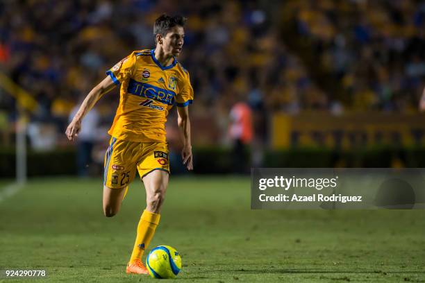 Jurgen Damm of Tigres drives the ball during the 9th round match between Tigres UANL and Morelia as part of the Torneo Clausura 2018 Liga MX at...