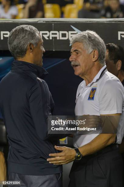 Ricardo Ferretti, coach of Tigres, shake hands with Roberto Hernandez, coach of Morelia, prior the 9th round match between Tigres UANL and Morelia as...