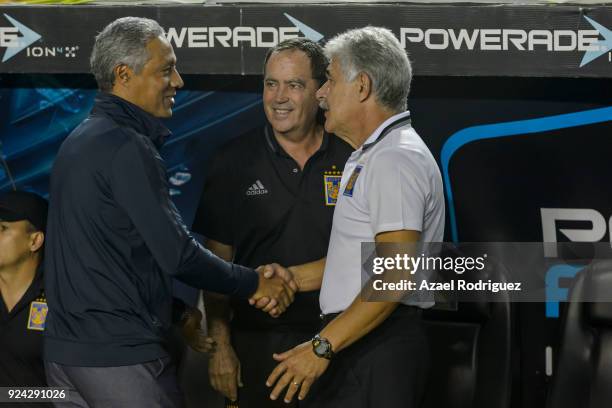 Ricardo Ferretti, coach of Tigres, shake hands with Roberto Hernandez, coach of Morelia, prior the 9th round match between Tigres UANL and Morelia as...