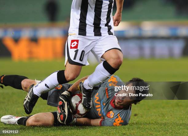 Donieber Alexander Marangon Doni goal kepeer of AS Roma makes a save at the feet of Antonio Di Natale of Udinese Calcio during the Serie A match...