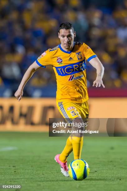 Jesus Dueñas of Tigres drives the ball during the 9th round match between Tigres UANL and Morelia as part of the Torneo Clausura 2018 Liga MX at...