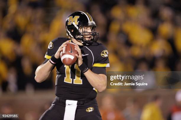 Quarterback Blaine Gabbert of the Missouri Tigers looks to pass the ball during the game against the Texas Longhorns on October 24, 2009 at Faurot...