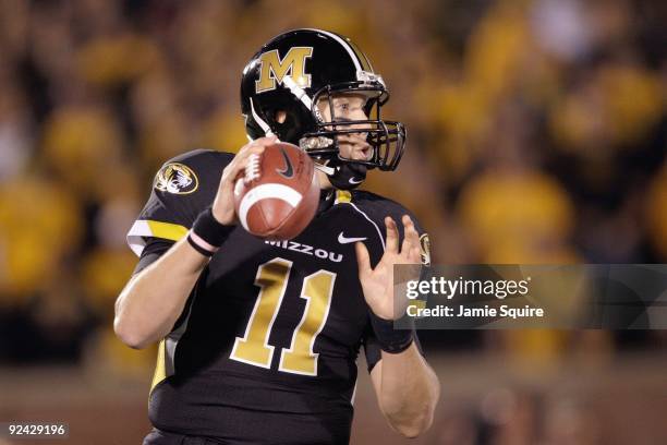 Quarterback Blaine Gabbert of the Missouri Tigers looks to pass the ball during the game against the Texas Longhorns on October 24, 2009 at Faurot...