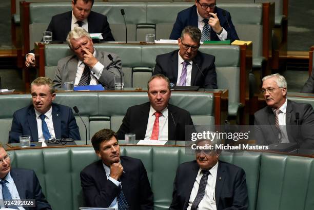 Barnaby Joyce watches on during Question Time at Parliament House on February 26, 2018 in Canberra, Australia. Veterans Affairs Minister Michael...