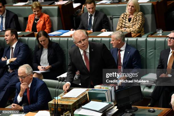 Scott Morrison, The Treasurer, speaks during Question Time at Parliament House on February 26, 2018 in Canberra, Australia. Veterans Affairs Minister...