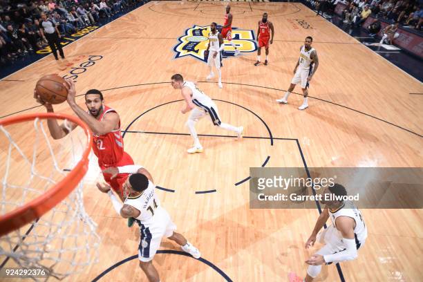 Brandan Wright of the Houston Rockets shoots the ball against the Denver Nuggets on February 25, 2018 at the Pepsi Center in Denver, Colorado. NOTE...