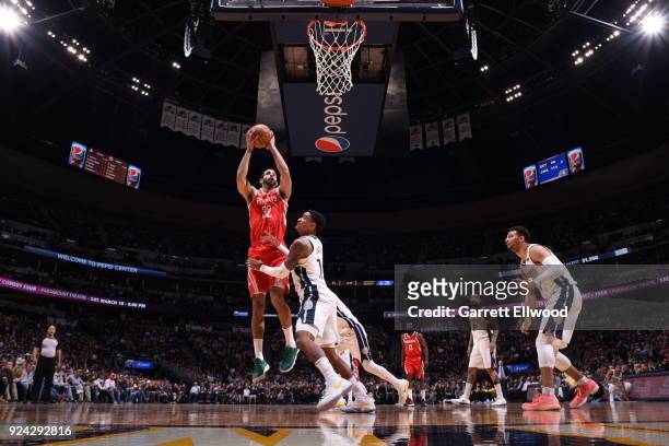 Brandan Wright of the Houston Rockets handles the ball against the Denver Nuggets on February 25, 2018 at the Pepsi Center in Denver, Colorado. NOTE...