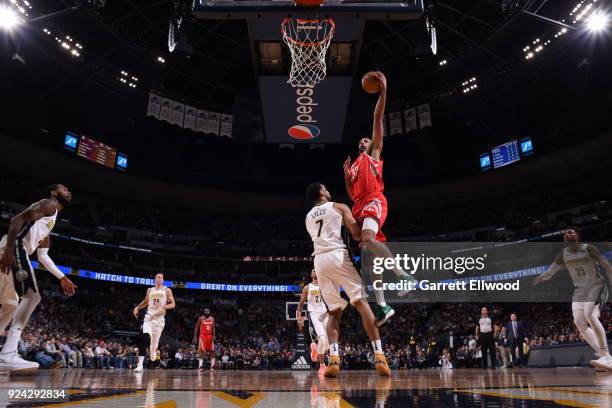 Brandan Wright of the Houston Rockets shoots the ball against the Denver Nuggets on February 25, 2018 at the Pepsi Center in Denver, Colorado. NOTE...