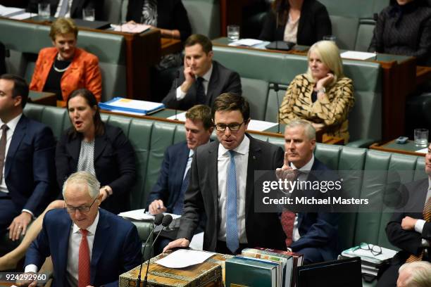 David Littleproud, Minister for Agriculture and Water Resources, speaks during Question Time at Parliament House on February 26, 2018 in Canberra,...