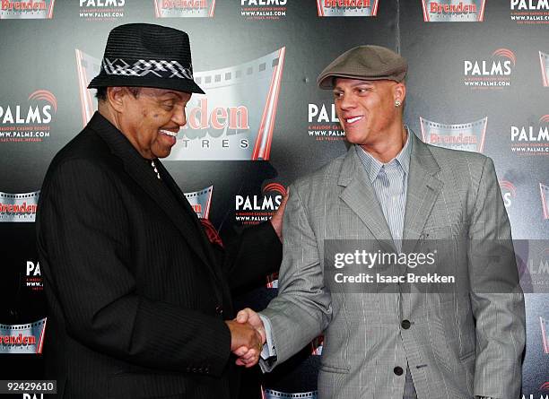 Joe Jackson and President and CEO of the Brenden Theatre Corp. Johnny Brenden attend a press conference at the Brenden Theatres inside the Palms...