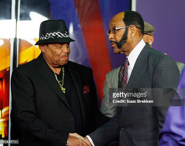 Joe Jackson and Mayor Rudy Clay of Gary, Indiana attend a press conference at the Brenden Theatres inside the Palms Casino Resort to announce plans...