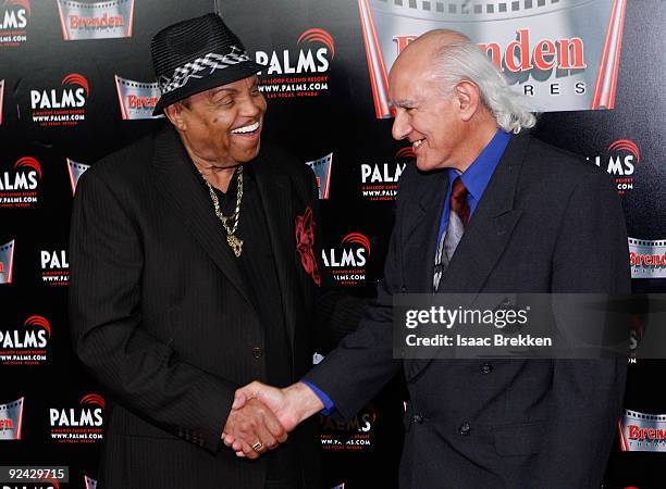 Joe Jackson and Simon Sahouri attend a press conference at the Brenden Theatres inside the Palms Casino Resort to announce plans to build a...