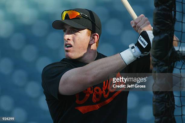 First Baseman Jay Gibbons of the Baltimore Orioles chews gum as he stands in the batting cage before the MLB game against the Anaheim Angels on July...