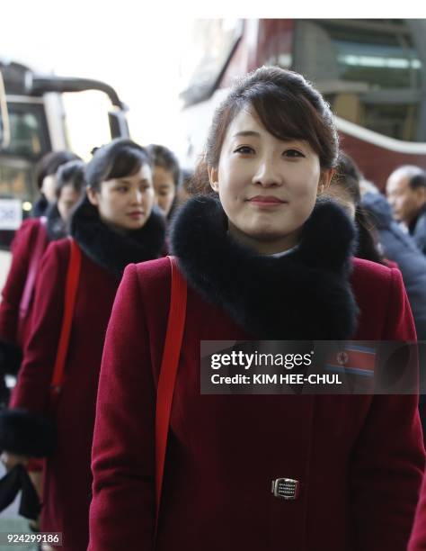 North Korean cheerleaders arrive at the inter-Korea transit office to leave for North Korea after attending the Pyeongchang 2018 Winter Olympic...