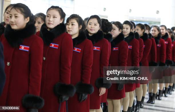 North Korean cheerleaders arrive at the inter-Korea transit office to leave for North Korea after attending the Pyeongchang 2018 Winter Olympic...