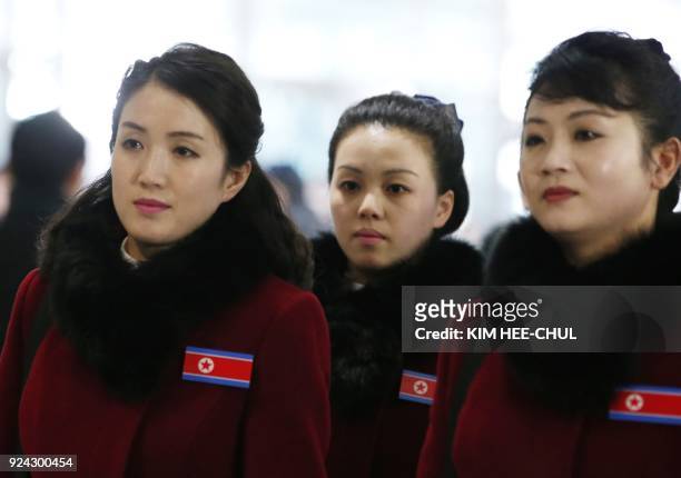 North Korean cheerleaders arrive at the inter-Korea transit office to leave for North Korea after attending the Pyeongchang 2018 Winter Olympic...