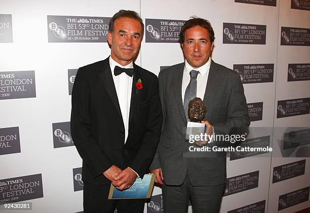 Yoav Shamir poses with his Grierson award for Best Documentary 'Defamation' and Nick Broomfield during the Times BFI 53rd London Film Festival Awards...