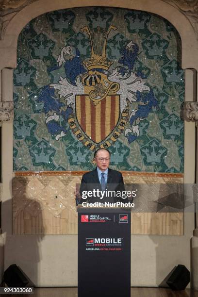 Jim Yong Kim President of the World Bank during the Mobile World Congress Official Dinner Inauguration attending the King Felipe VI of Spain at Palau...