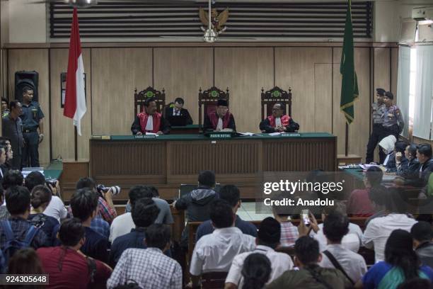 The judges, Mulyadi, Salman Alfariz and Tugiyanto attend the judicial review of former Jakarta governor Basuki Ahok Tjahaja Purnama blasphemy...