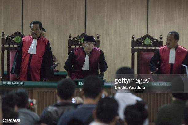 The judges, Mulyadi, Salman Alfariz and Tugiyanto attend the judicial review of former Jakarta governor Basuki Ahok Tjahaja Purnama blasphemy...