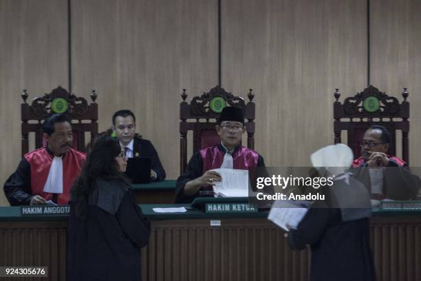 The judges, Mulyadi, Salman Alfariz and Tugiyanto attend the judicial review of former Jakarta governor Basuki Ahok Tjahaja Purnama blasphemy...