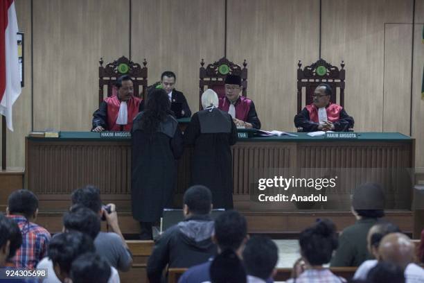 The judges, Mulyadi, Salman Alfariz and Tugiyanto attend the judicial review of former Jakarta governor Basuki Ahok Tjahaja Purnama blasphemy...