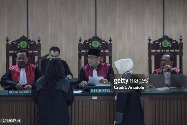 The judges, Mulyadi, Salman Alfariz and Tugiyanto attend the judicial review of former Jakarta governor Basuki Ahok Tjahaja Purnama blasphemy...