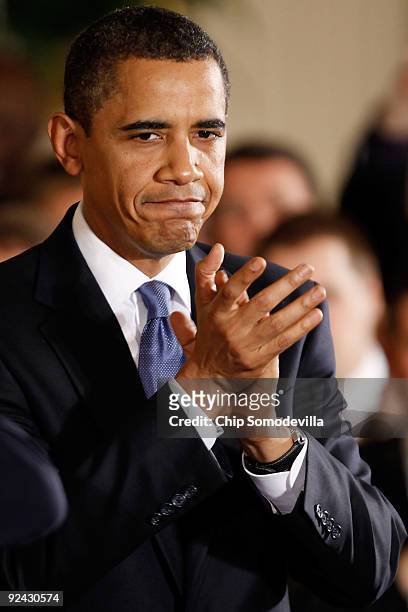 President Barack Obama applauds after delivering remarks marking the enactment of the Matthew Shepard and James Byrd, Jr. Hate Crimes Prevention Act...