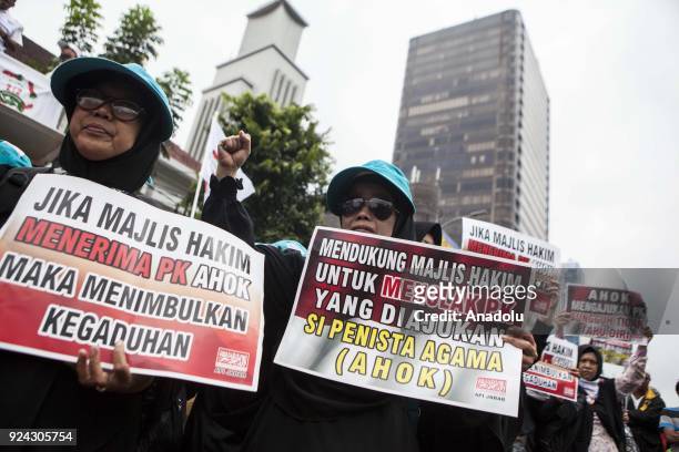 Group of Anti-Ahok people shout slogans outside the court during judicial review of former Governor of Jakarta, Basuki Thahaja "Ahok" Purama...