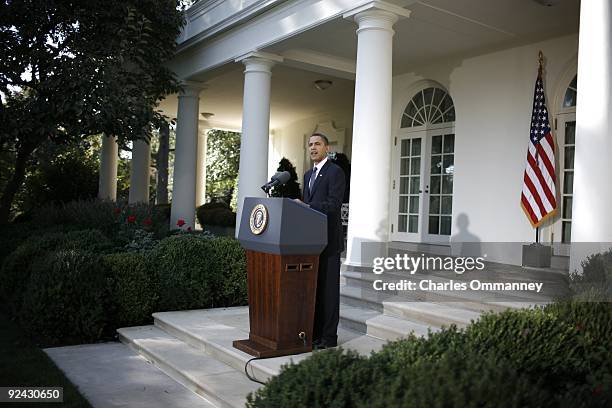 President Barack Obama speaks, after winning Nobel Peace Prize, at the Rose Garden of the White House on October 9, 2009 in Washington, DC. Obama...