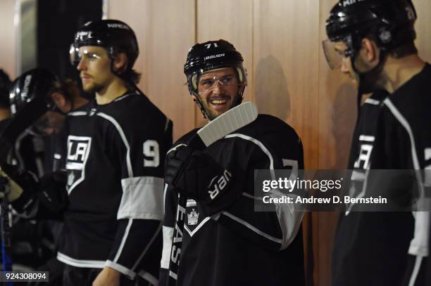Torrey Mitchell of the Los Angeles Kings looks on before a game against the Edmonton Oilers at STAPLES Center on February 24, 2018 in Los Angeles,...